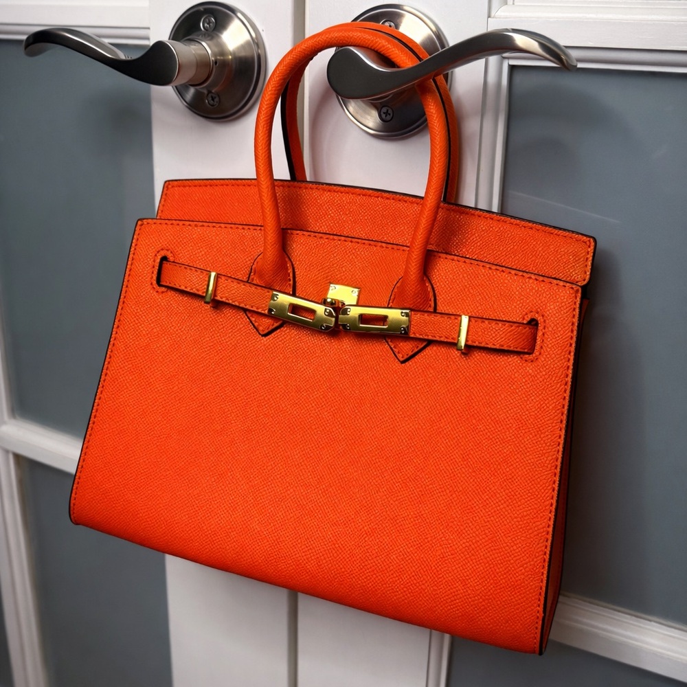 Orange Top Handle Leather Handbag with Gold Hardware - Picture 5 of 9